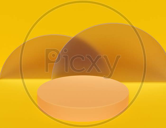 3D Illustration Of A Scene From A Circle With Round Arch On Yellow Isolated Background. A Close-Up Of A Round Monocrome Pedestal.