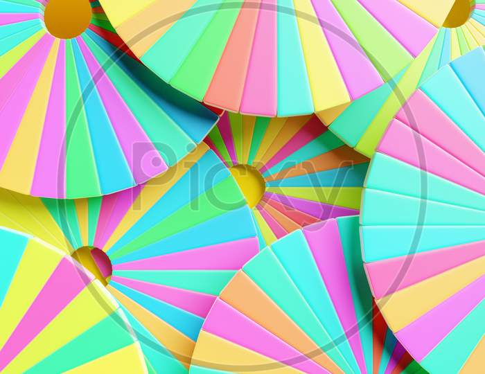 3D Illustration Background With Colorful Circles Divided Into A Large Number Of Sectors. Pie Chart