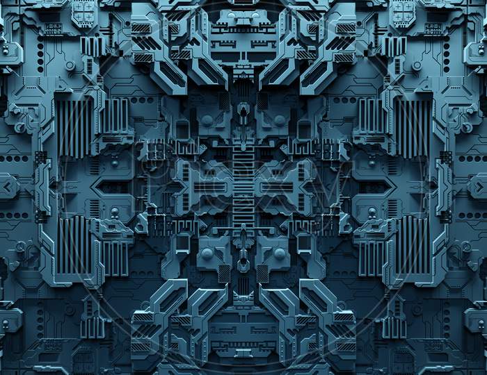 Detail Of A Futuristic  Machine. 3D Illustration Of A Futuristic Wall Made Of Various Details Under Orange Neon Lights. Cyberpunk Background. Industrial Wallpaper. Grunge Details