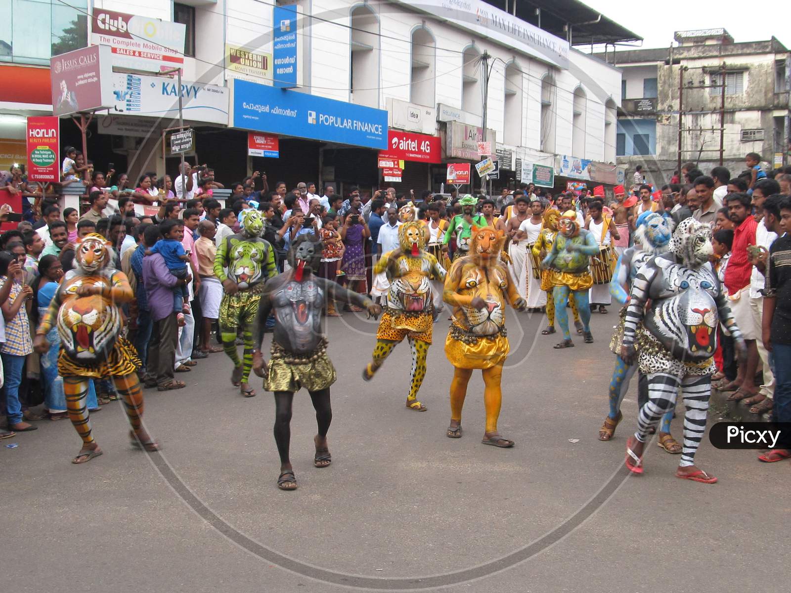 Pulikali / The Tiger dancers in a procession dancing