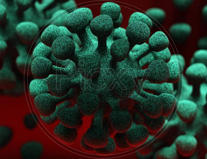 3D Rendering. Covid 2019 Virus Concept In Black  On A Dark  Background.  Pandemic Medical Coronavirus Concept . Microscope Virus Close-Up.
