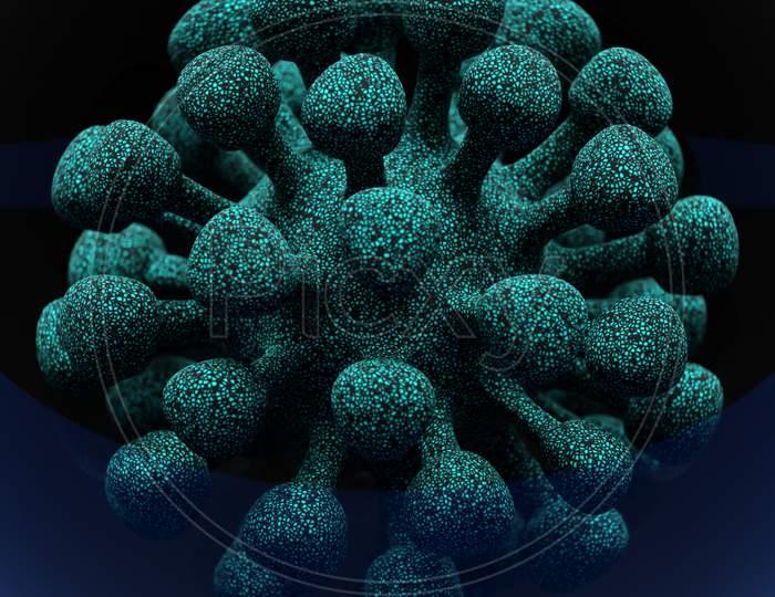 3D Rendering. Сlose-Up Of The Covid-2019 Virus - Flu As A Dangerous Case Of A Flu Strain As A Pandemic. Pandemic Medical Coronavirus Concept With Dangerous Cells. Microscope Virus Close-Up.