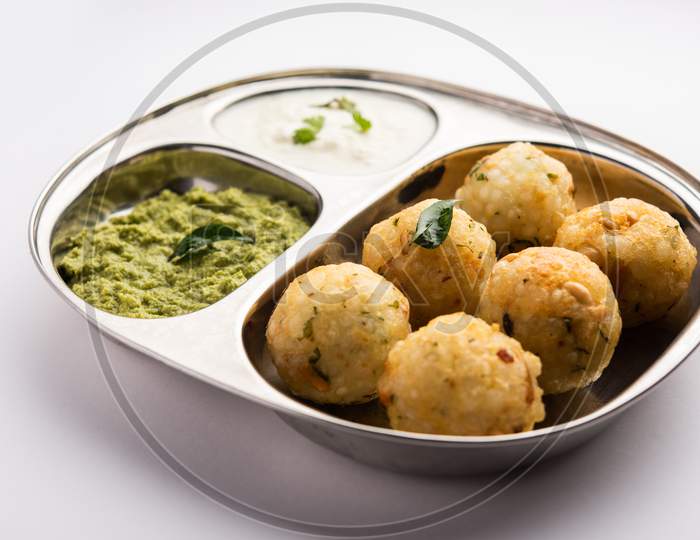 Sabudana Wada Or Vada Also Known As Sago Fritters In India Served With Coconut Chutney, Fasting Food