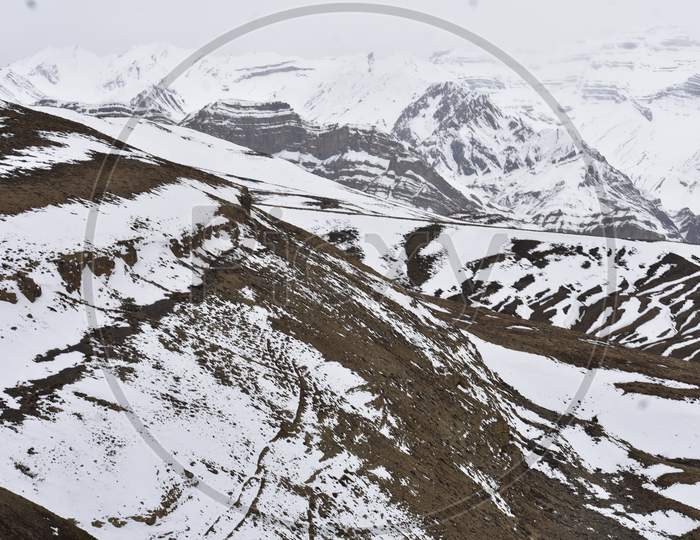 Landscapes With Snow Capped Mountains In The Spiti Valley Of Himachal Pradesh