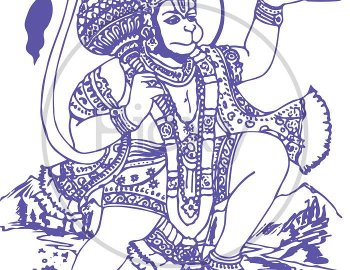 Sketch of Lord Hanuman Outline Editable Illustration. Strength and Powerful god Bhajarangi or Lord Shiva