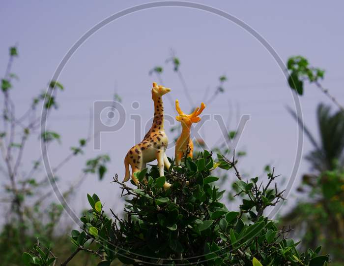 Giraffe Plastic Toy And Deer Standing Together Upon Tropical Plant In The Forest Background