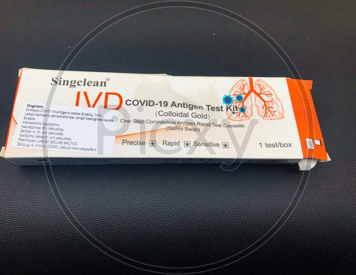 Vilnius, Lithuania - 29Th June, 2021: Singclean Covid-19 Antigen Test Kit Packet On Table.