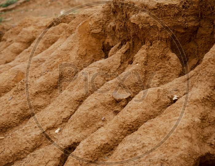 Water Mark Due To Rain On Horizontal Soil Field, Land Slide Concept Image