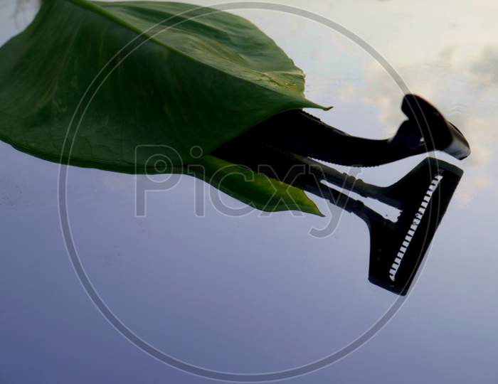 Shaving Razor With Green Leaf Isolate On Glass Surface With Sky Reflection Text Space.