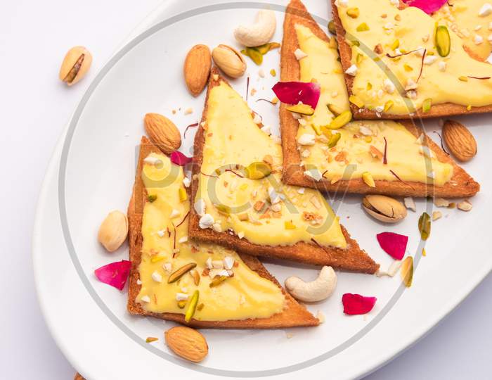 Shahi Tukda Or Tukra Also Known As Double Ka Meetha Is A Rich & Festive Indian Dessert Made With Bread, Ghee, Sugar, Milk And Nuts