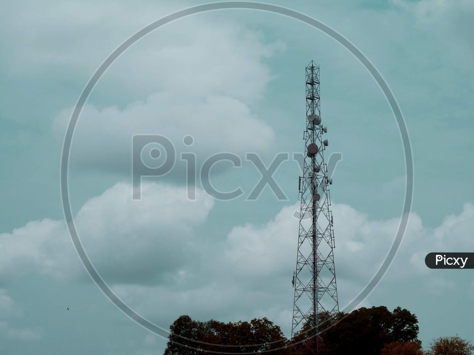 Mobile Network Tower On Sky Isolate, Communication Industrial Image.