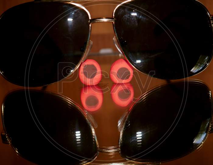 Cartoon Eyes Presented With Sunglasses Glass Reflection Image.