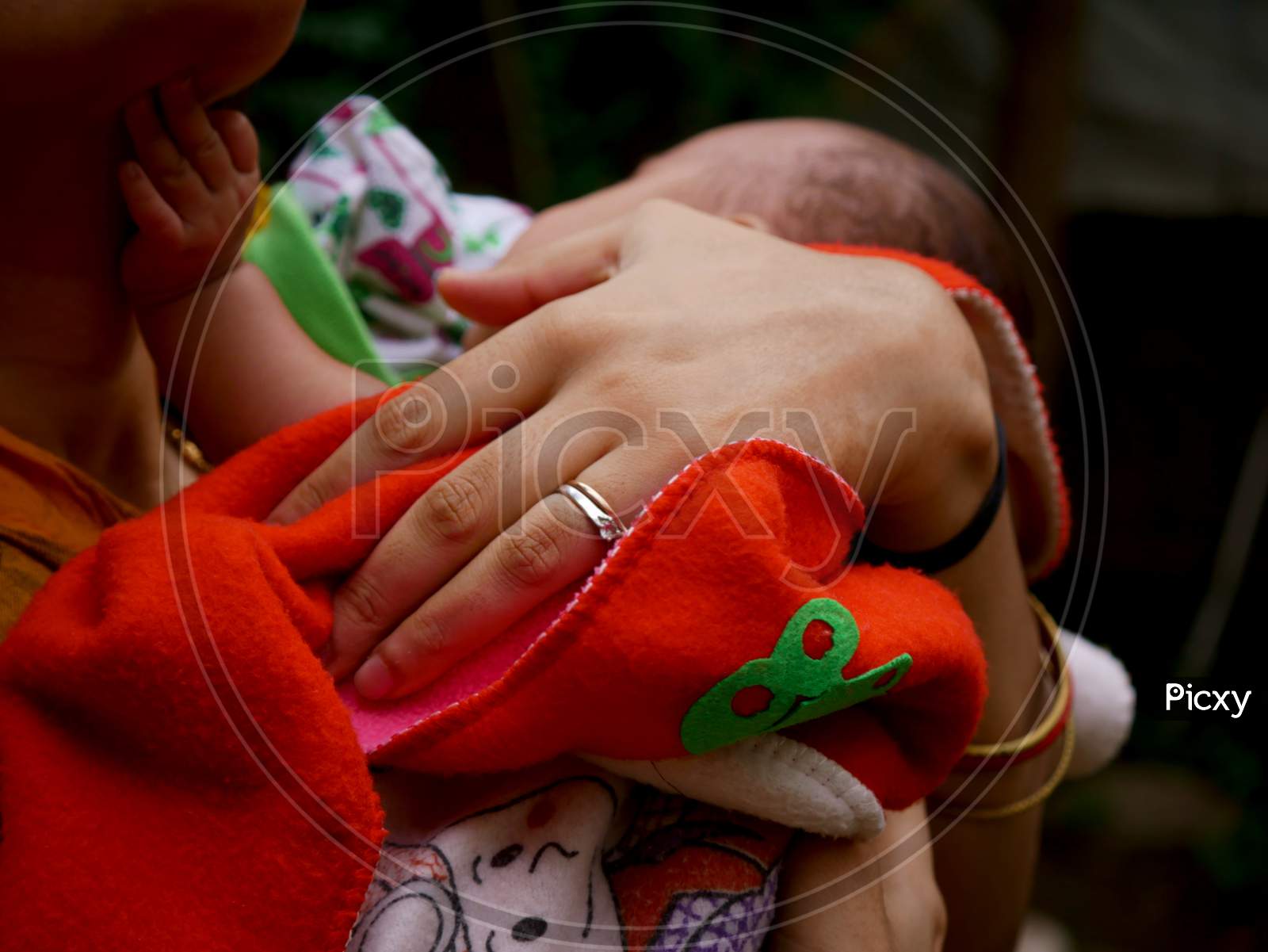 Indian Mother Holding Born Baby On Hand Love And Care Concept.