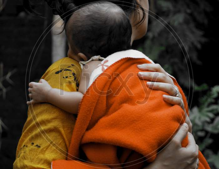 Asian Mother Holding Born Baby On Hand Love And Care Concept.