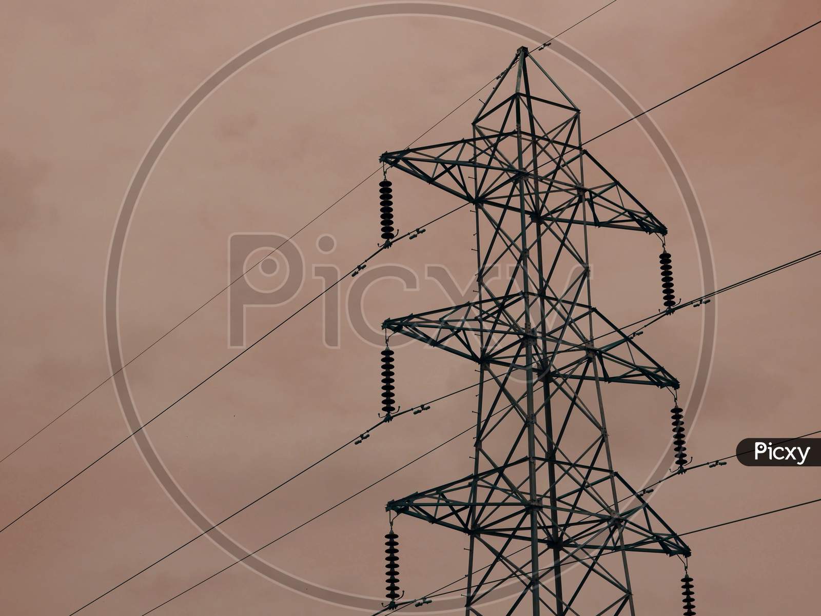 Electric Supply Tower Isolate On Sky Background, Industrial Presentation Concept.