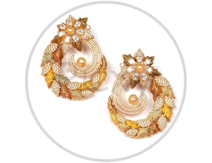 Glamorous Antique Golden Pair Of Earrings On White Background. Luxury Female Jewelry, Indian Traditional Jewellery, Kundan Earring,Bridal Gold Earrings Wedding Jewellery,Vintage Earrings