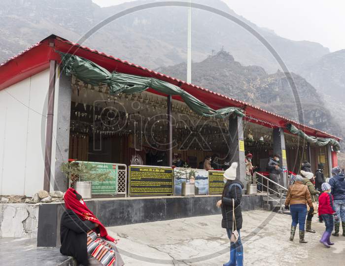29Th March, 2021, Gangtok, Sikkim, India: Famous Baba Harbhajan Temple With Snow Covered Mountain In Background.