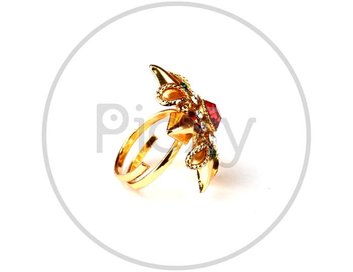 Glamorous Antique Gold Ring On White Background. Luxury Female Jewelry, Indian Traditional Jewellery,Bridal Gold Ring Wedding Jewellery,Vintage Ring