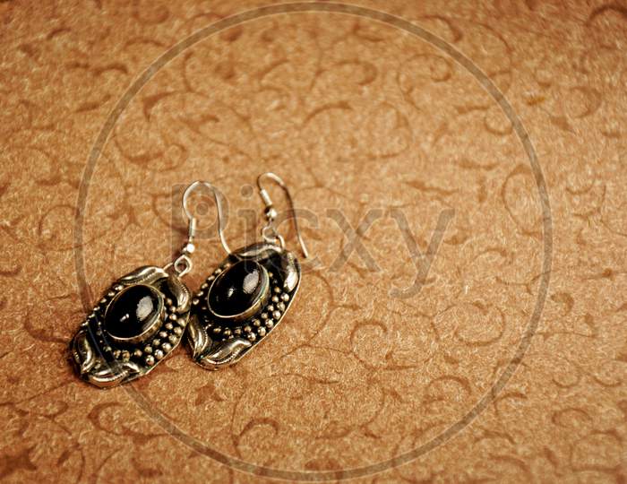 Silver Earrings With Black Stone, Indian Silver Earrings