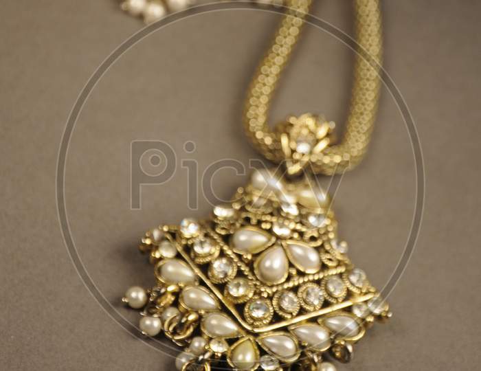 Antique Pearl Pendant With Chain, Indian Traditional Jewellery