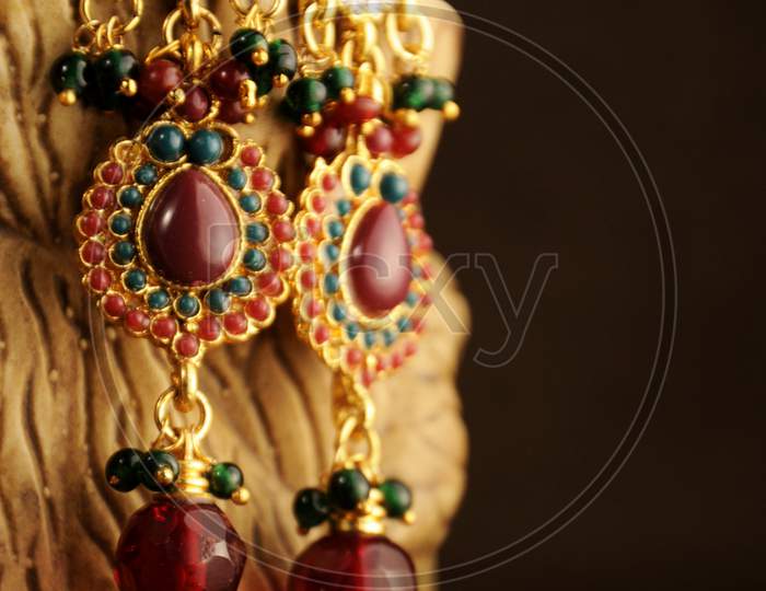 Red And Green Beads Earrings, Indian Traditional Jewelry