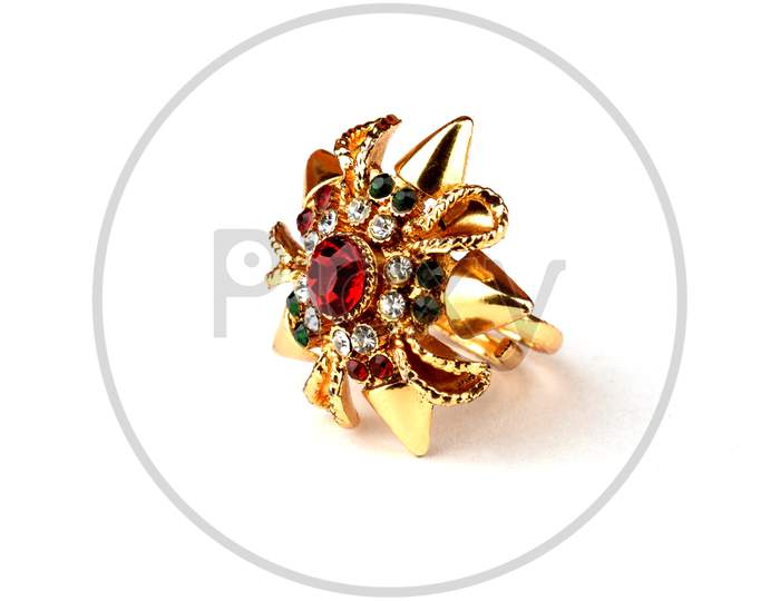 Glamorous Antique Gold Ring On White Background. Luxury Female Jewelry, Indian Traditional Jewellery,Bridal Gold Ring Wedding Jewellery,Vintage Ring
