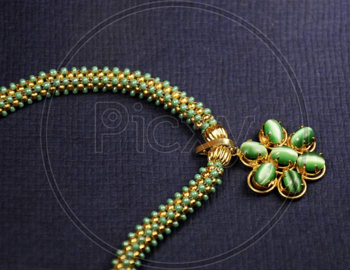 Green Beads Pendant Necklace, Indian Traditional Jewelry