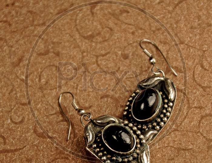 Silver Earrings With Black Stone, Indian Silver Earrings