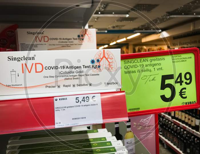 Siauliai, Lithuania - 4Th June, 2021: Covid-19 Antigen Test Kit Packet For Sale In Supermarket. Self Testing Accessories.