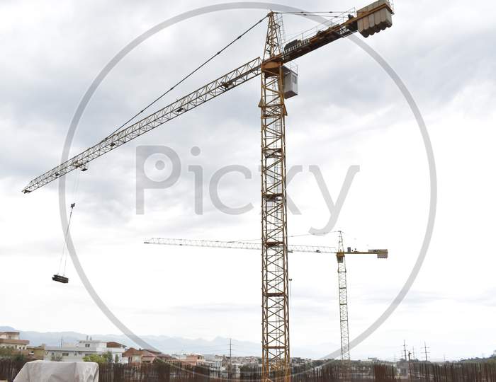 Construction site with cranes wide angle photograph
