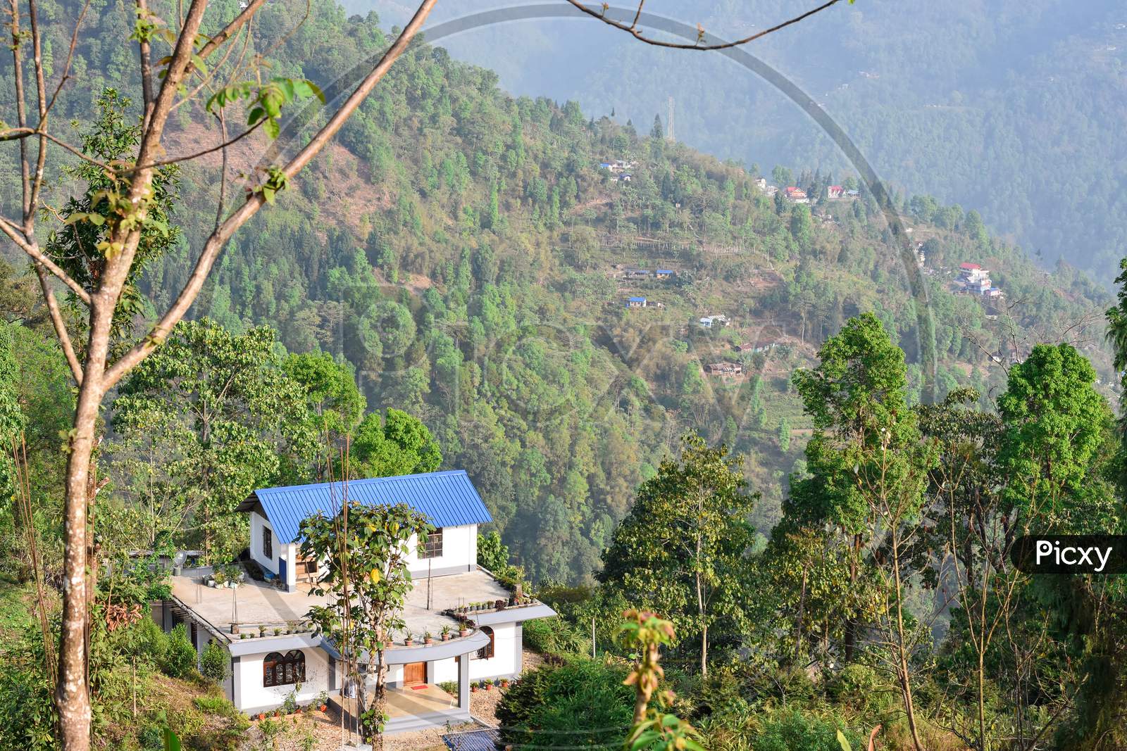 Himalyan Village Landscape , A Lone Cottage With Blue Roof.