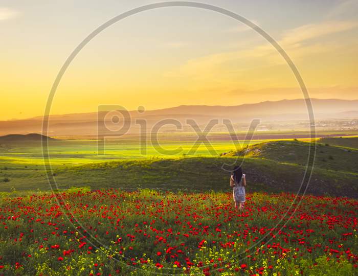 Girl Stand Isolated Wonderful Nature Alone With Vibrant Landscape In Background. Dreams Freedom Concept.