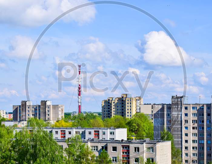 Siauliai City Panorama With Traditional Soviet Type Block House And Tv Tower Background