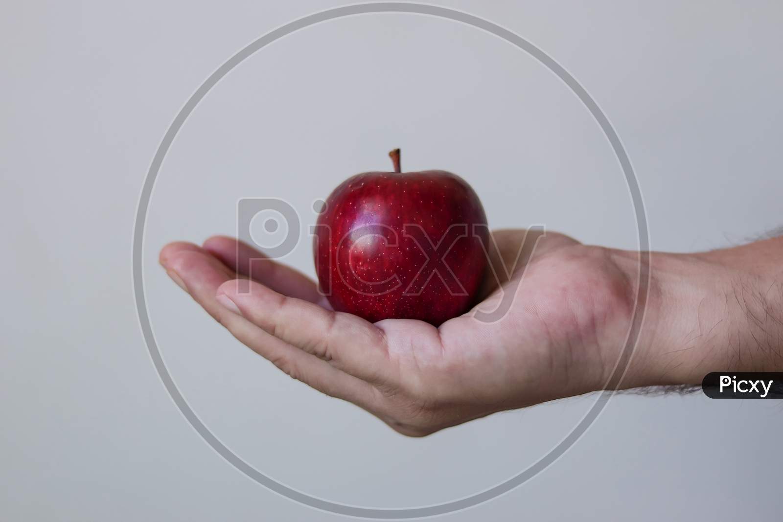 Man holding a apple in hand white isolated background.