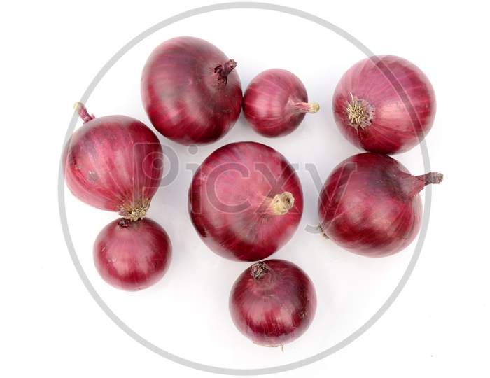 Closeup Bunch The Ripe Maroon Onion Isolated On White Background.