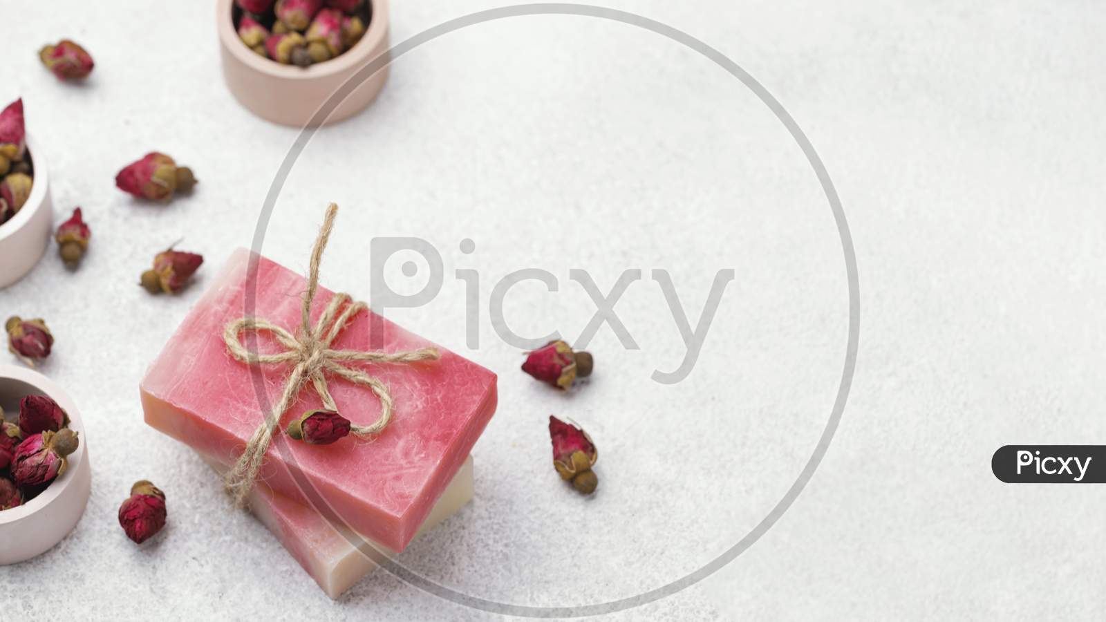 High angle homemade soap, accessories on a wooden background