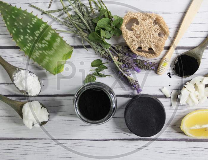 Set Of Natural Ingredients For Homemade Activated Carbon Cosmetics
