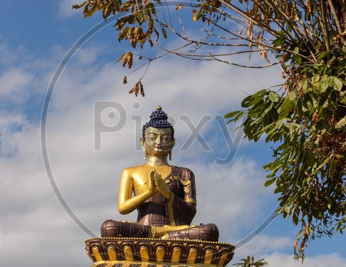 Buddha statue at the Buddha park with blue sky and clouds in the background and branches on the sides