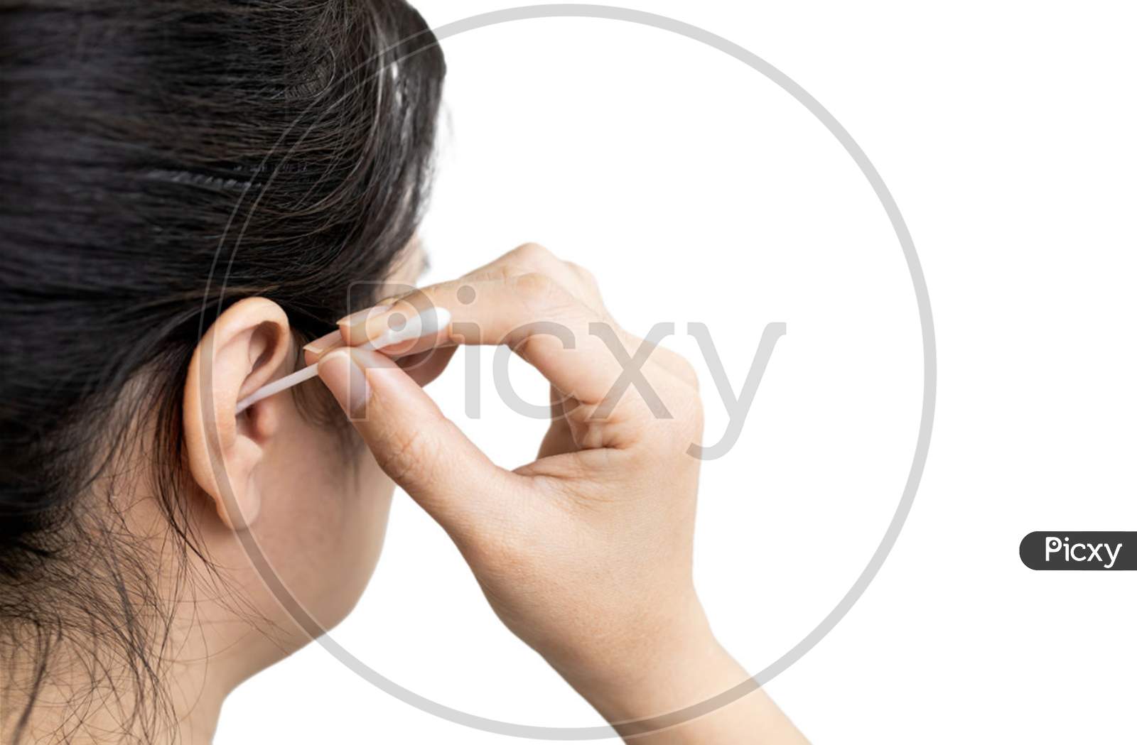 Image of woman with an itchy ears cleaning,removing the earwax in her