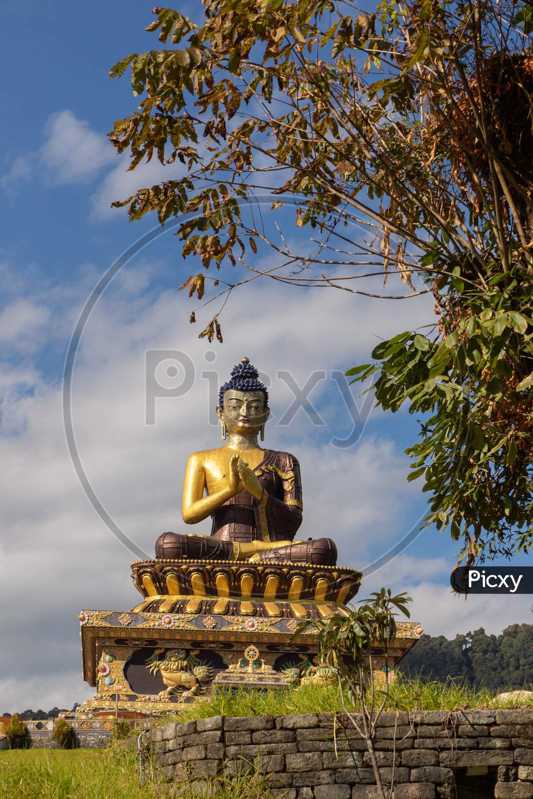 Buddha statue at the Buddha park with blue sky and clouds in the background and branches on the sides