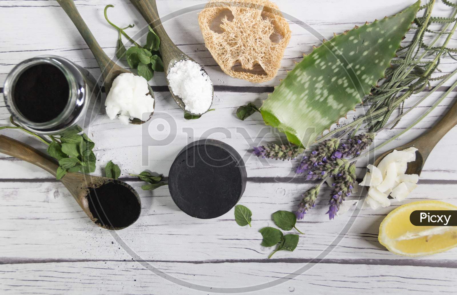 Set Of Natural Ingredients For Homemade Activated Carbon Cosmetics