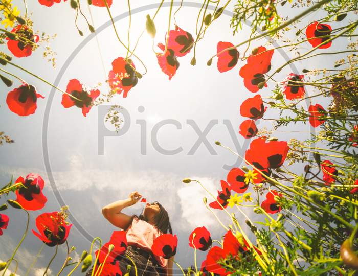 Caucasian Young Woman Hold Poppy Flower Close To Face In Summer Field Happy Outdoors. Concept Freedom And Summer Joy In Nature.