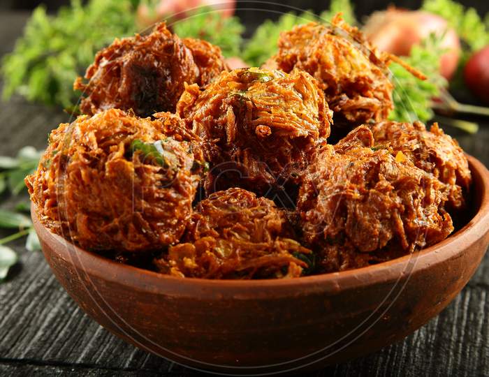 Indian snack food- onion fritters, pakkoda.