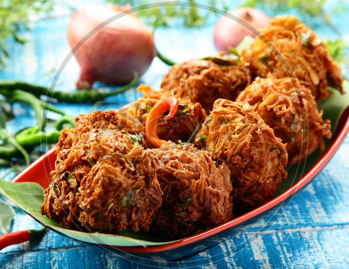 Onion fritters- Indian snack food.
