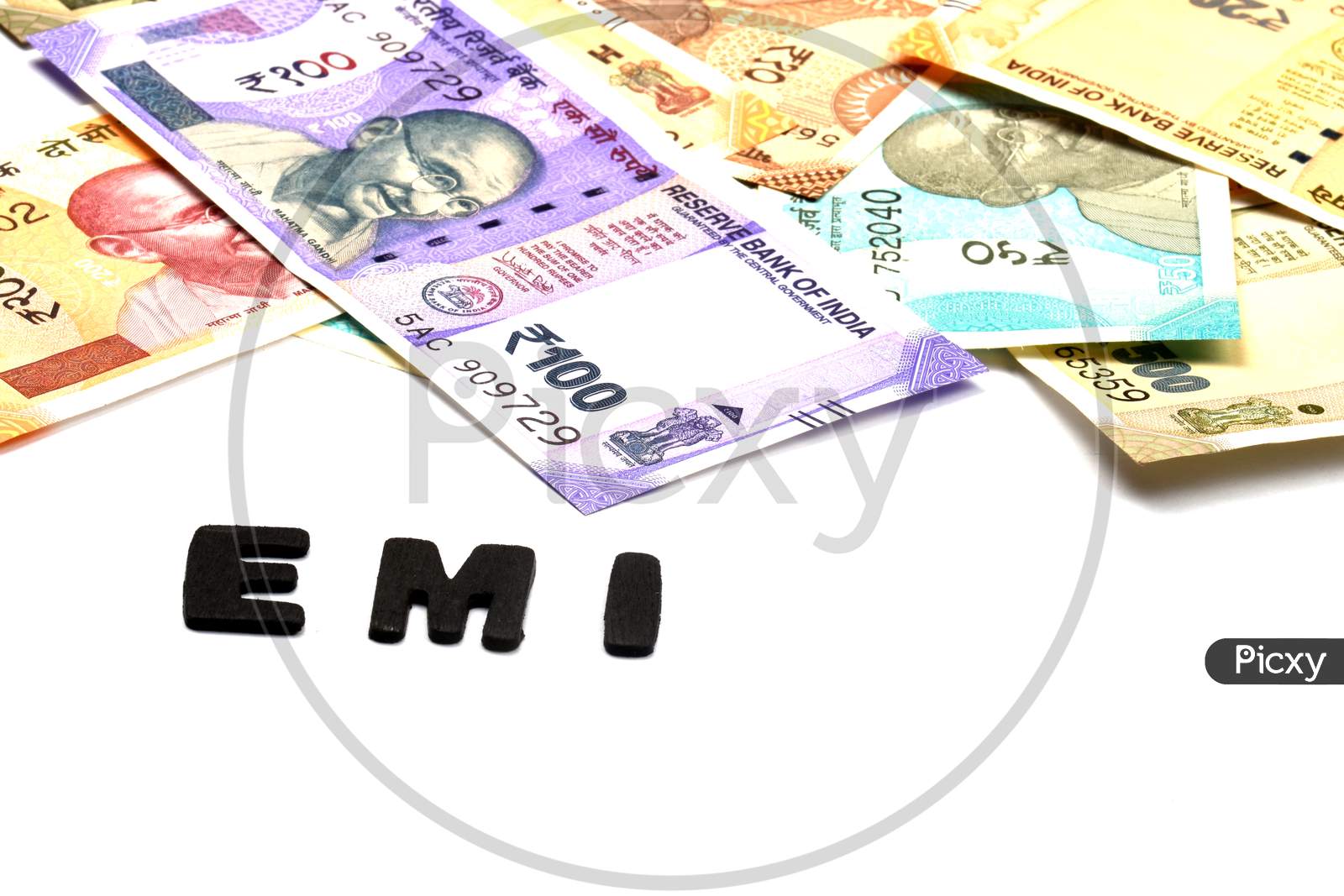 Emi Concept,Emi Alphabet On Money Background,Indian Currency, Rupee, Indian Rupee,Indian Money, Business, Finance, Investment, Saving And Corruption Concept - Image