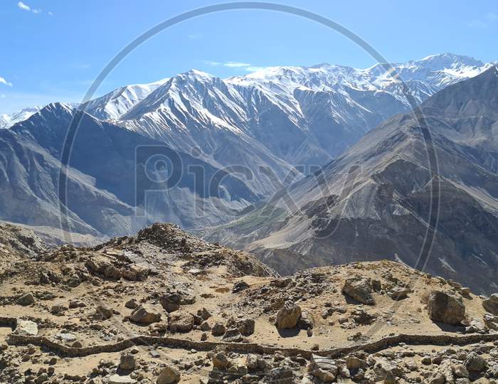 Landscapes with snow capped mountains in the Spiti valley of Himachal Pradesh