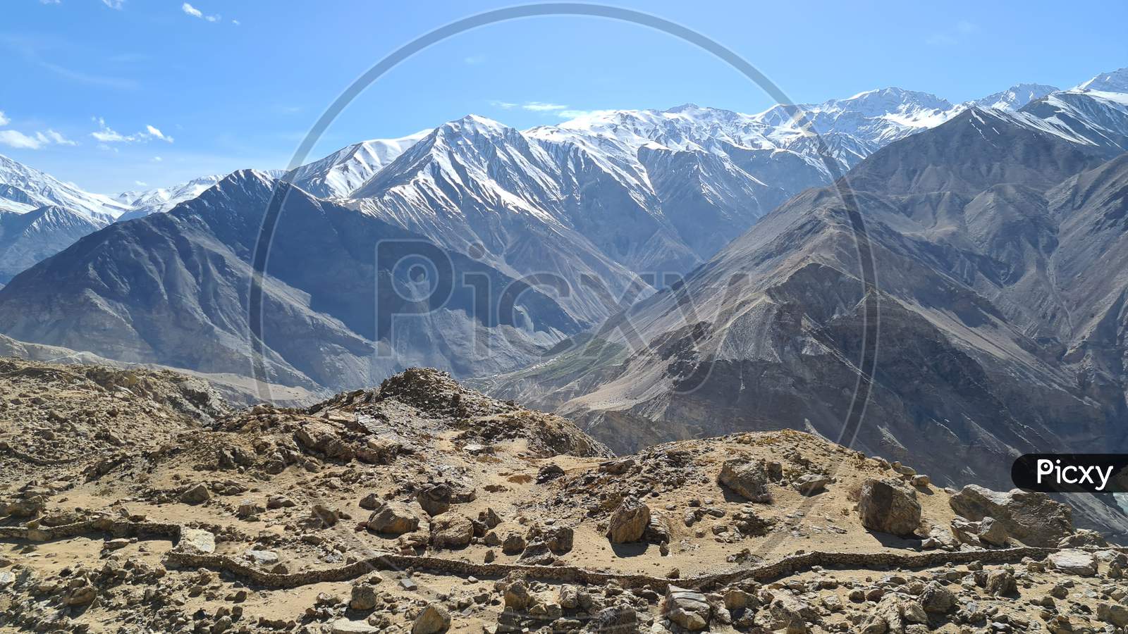 Landscapes with snow capped mountains in the Spiti valley of Himachal Pradesh