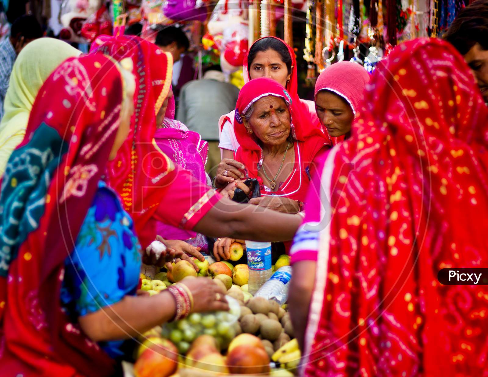 Pushkar, India - November 10, 2016: Few Indian Women In Colorful Saree While Covering Their Head Buying Fruits In Group In The State Of Rajasthan