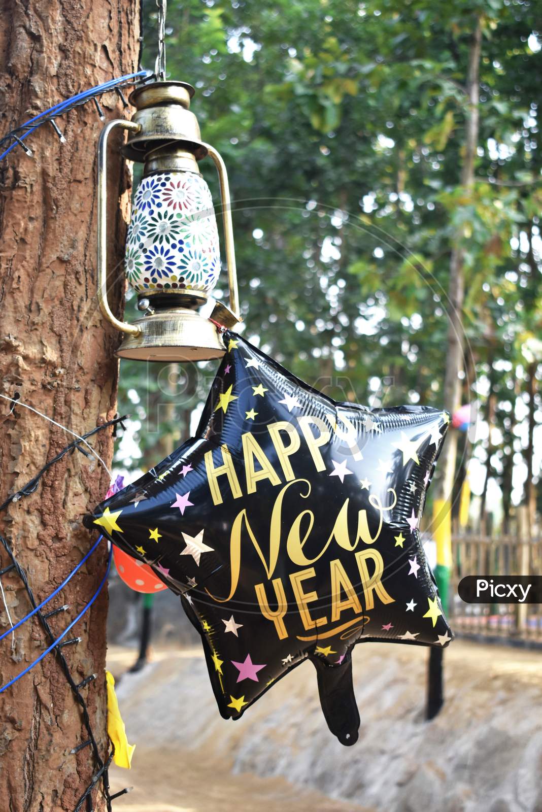 Happy New Year Star Balloon Hang In A Tree With A Lantern
