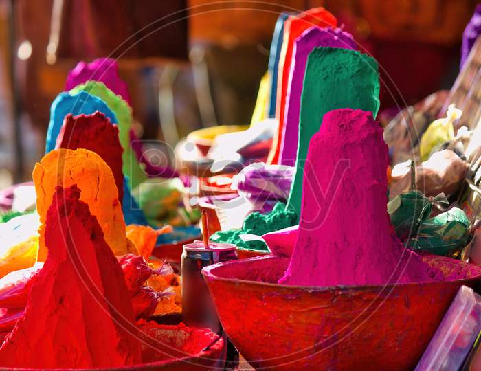 Shallow Depth Of Field, Bunch Of Dry Powder Colors Kept On Display For Sale In The Commercial Market Of Pushkar Fair